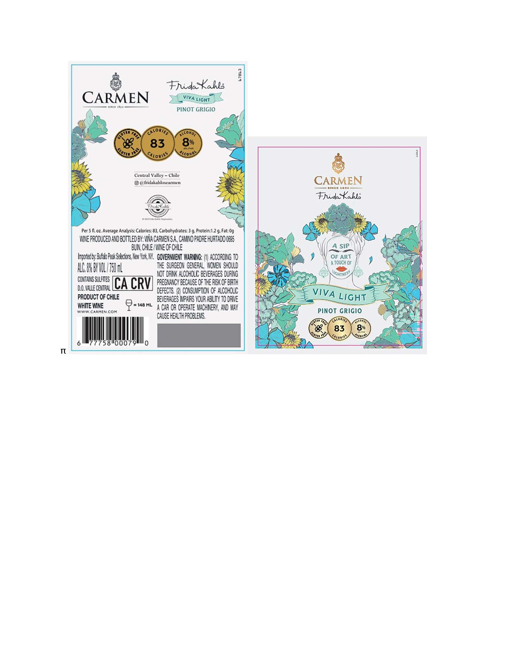 TABC label artwork for Carmen Reserva Frida Kahlo Viva Light Pinot Grigio