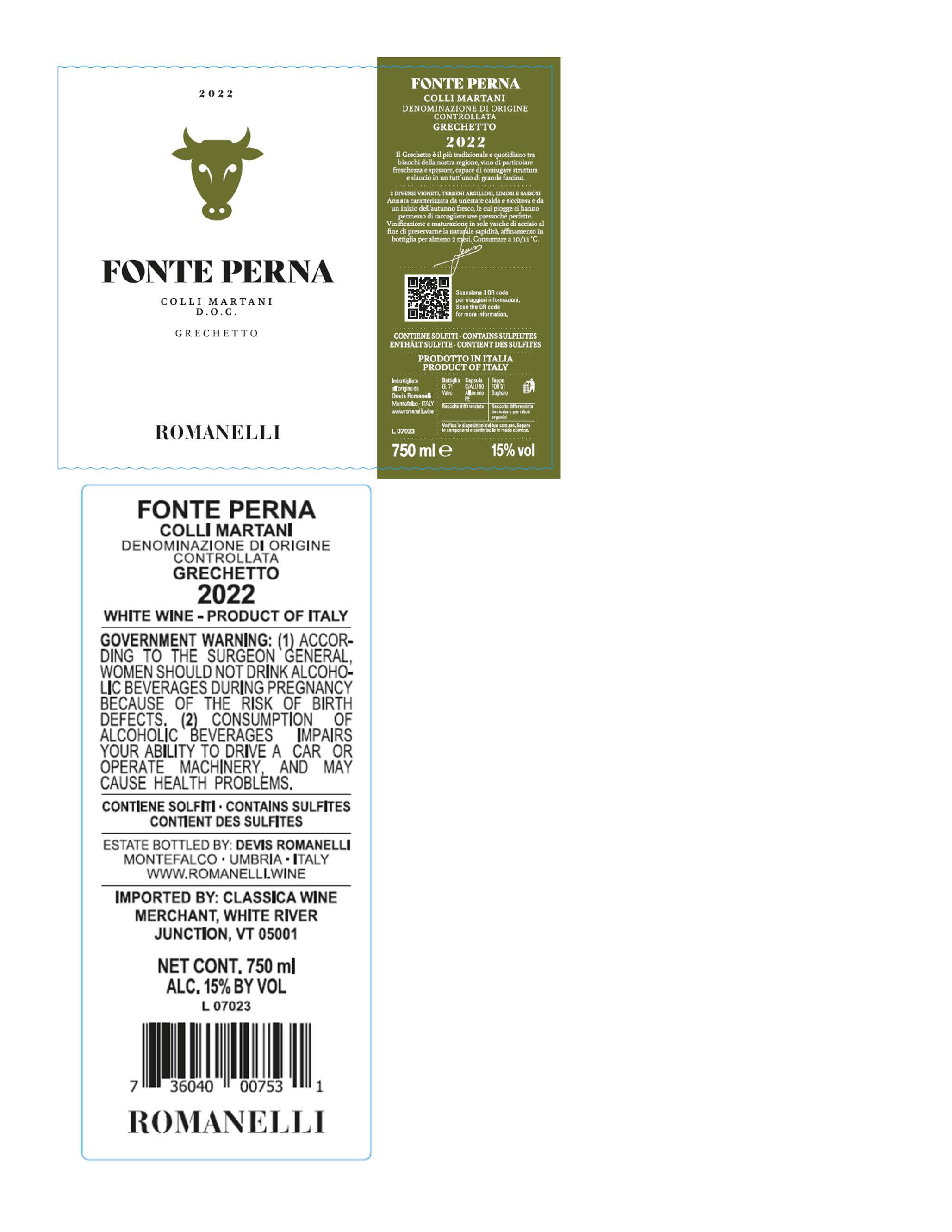 TABC label artwork for Romanelli Grechetto Colli Martani Fonte Perna  DOC