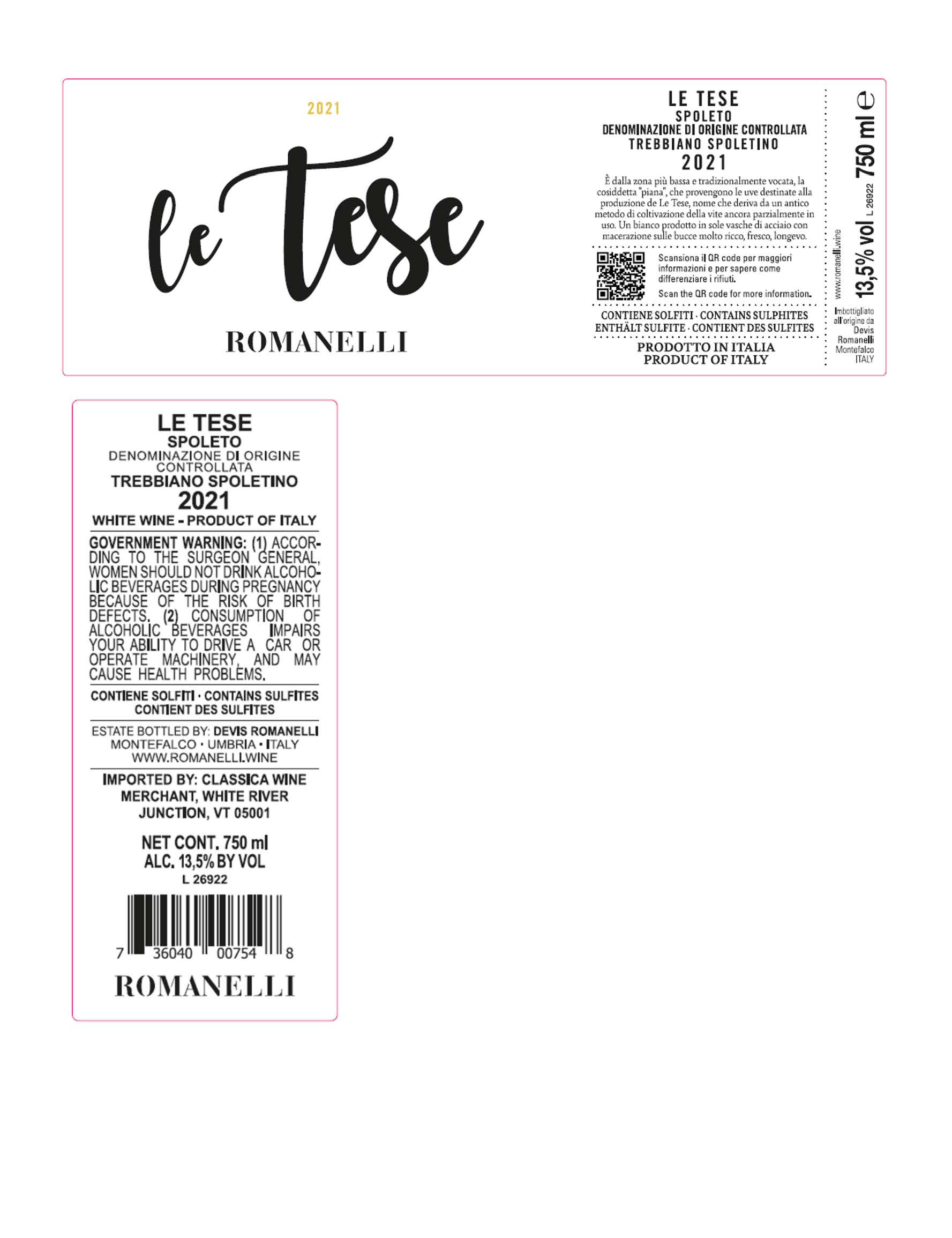 TABC label artwork for ROMANELLI Trebbiano Spoletino Le Tese DOC