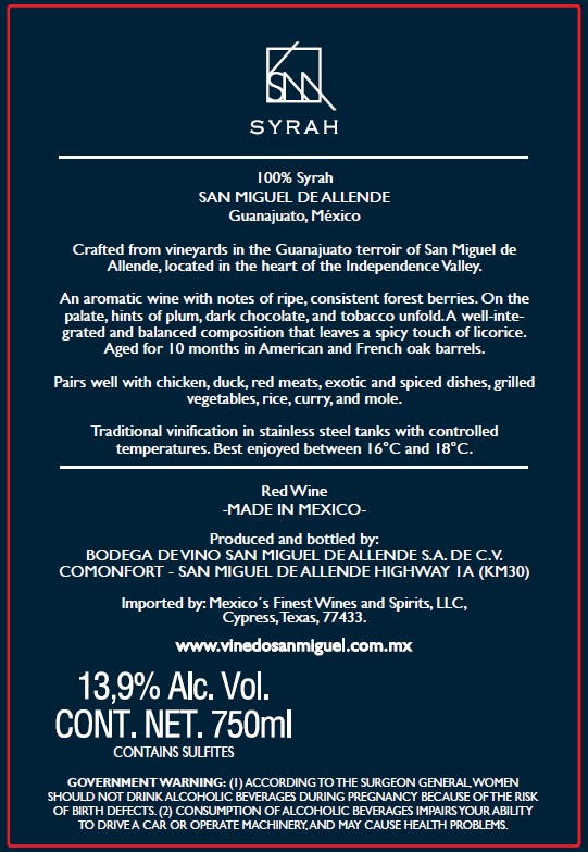 TABC label artwork for Vinedo San Miguel Syrah
