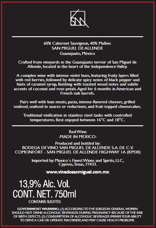 TABC label artwork for Vinedo San Miguel Cabernet Sauvignon - Malbec
