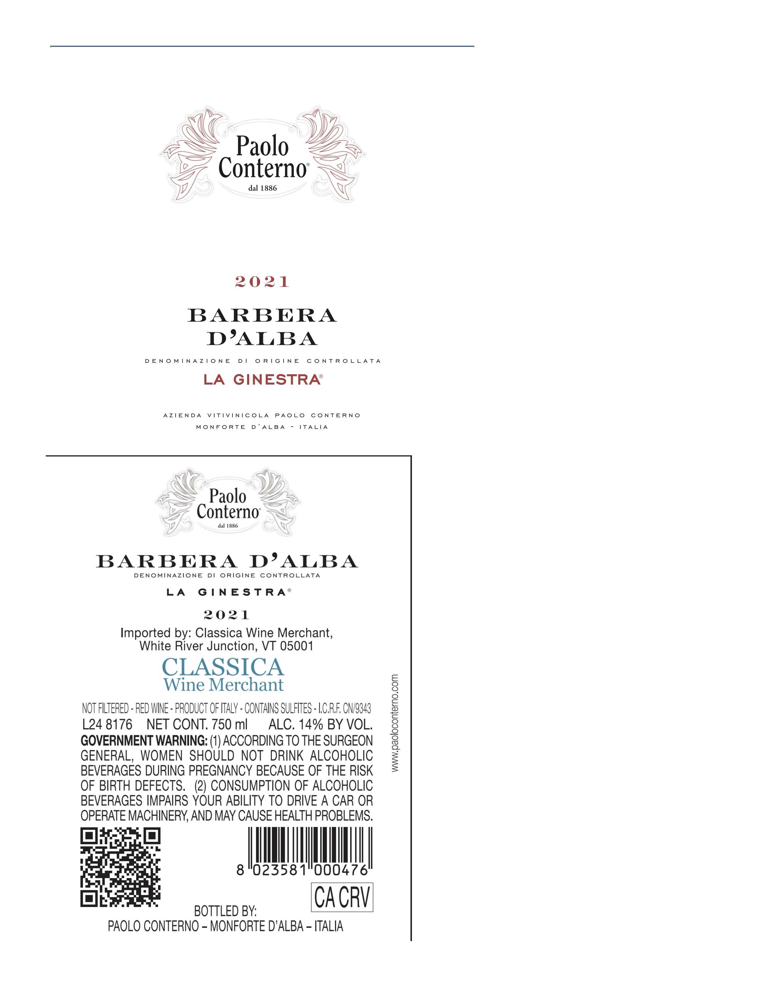 TABC label artwork for Paolo Conterno Barbera D'Alba La Ginestra