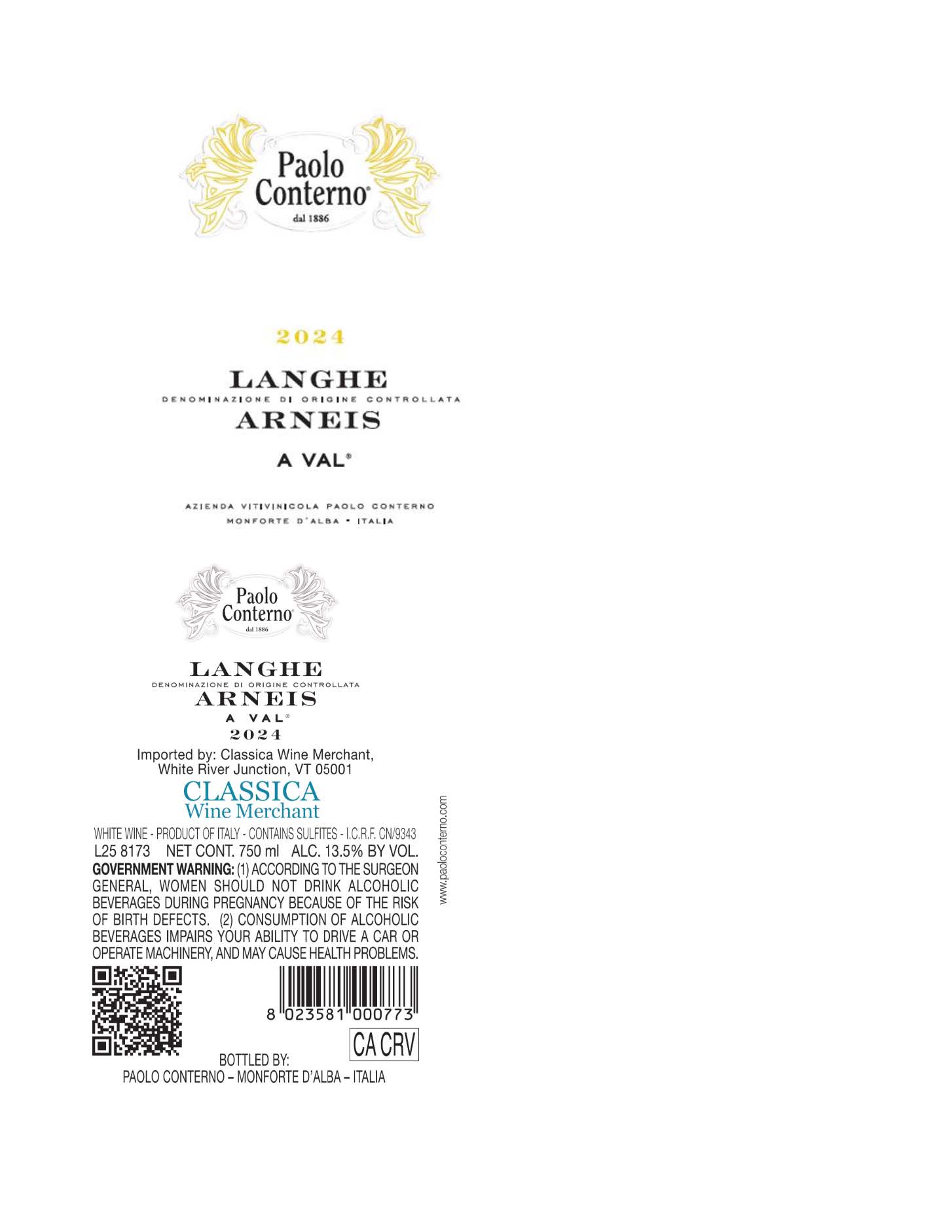 TABC label artwork for Paolo Conterno Langhe Arneis