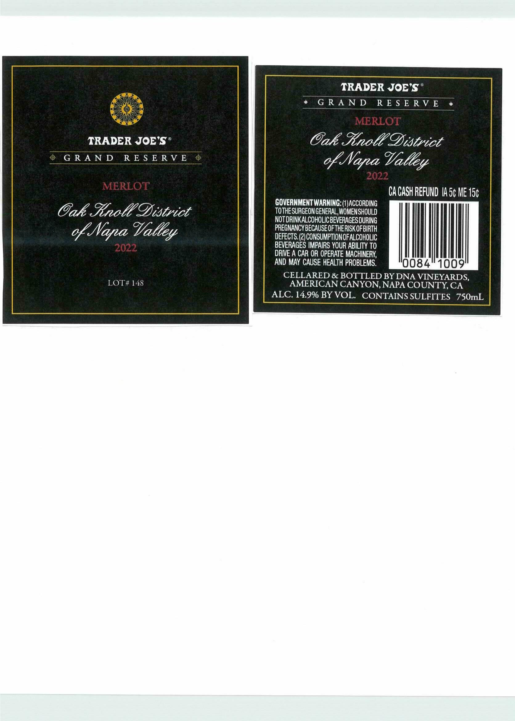 TABC label artwork for Trader Joe's Grand Reserve Merlot Oak Knoll District of Napa Valley