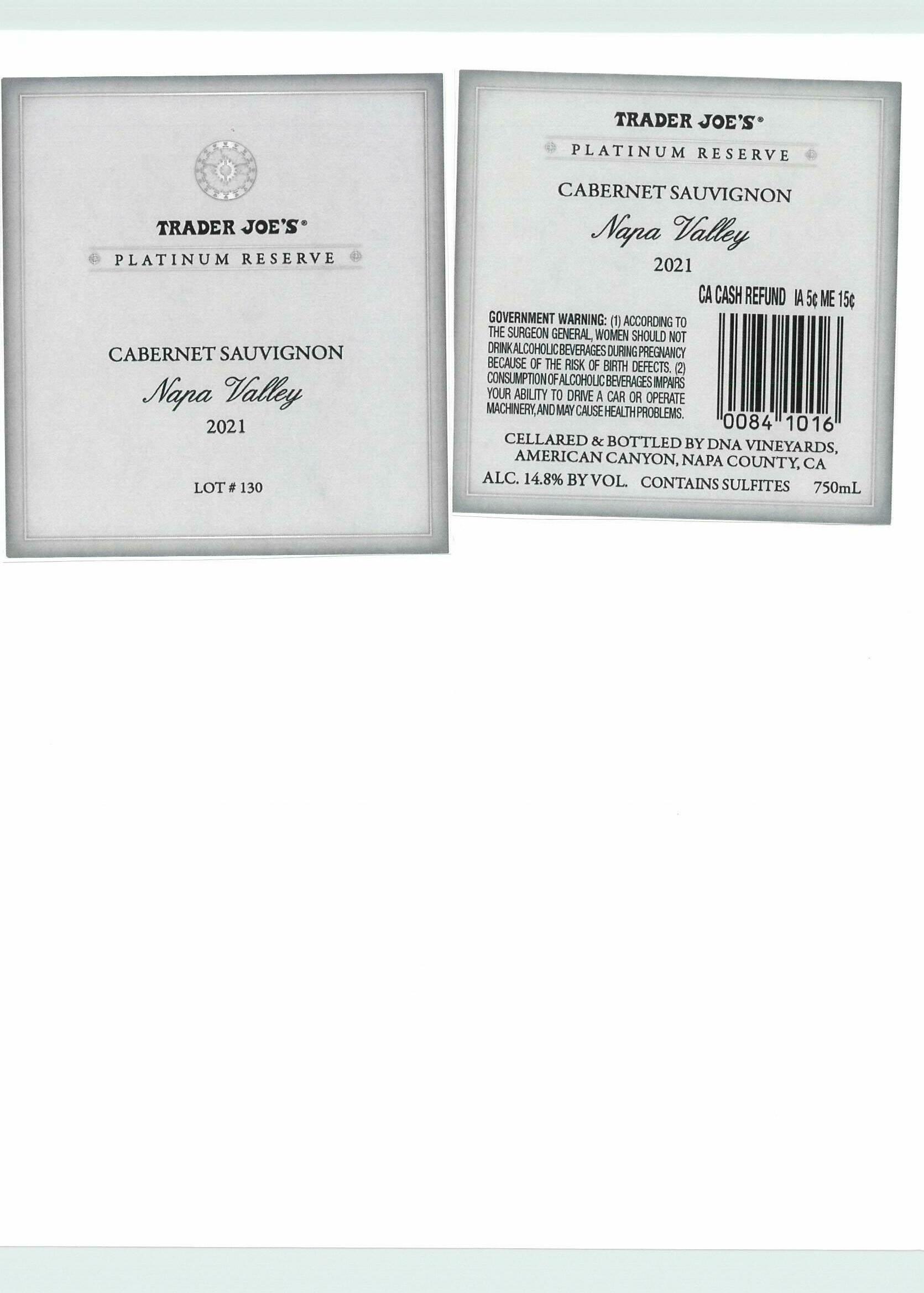 TABC label artwork for Trader Joe's Platinum Reserve Cabernet Sauvignon Lot 130 Napa Valley