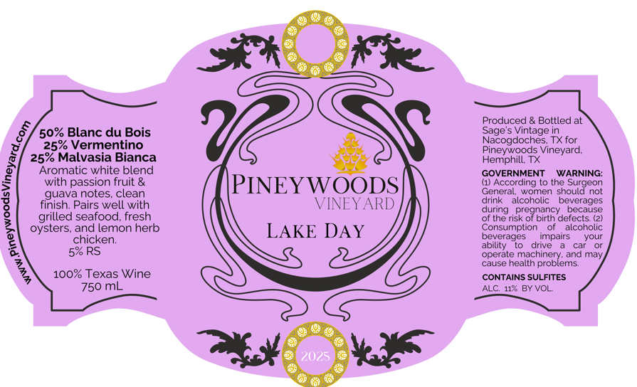 TABC label artwork for PINEYWOODS VINEYARD LAKE DAY