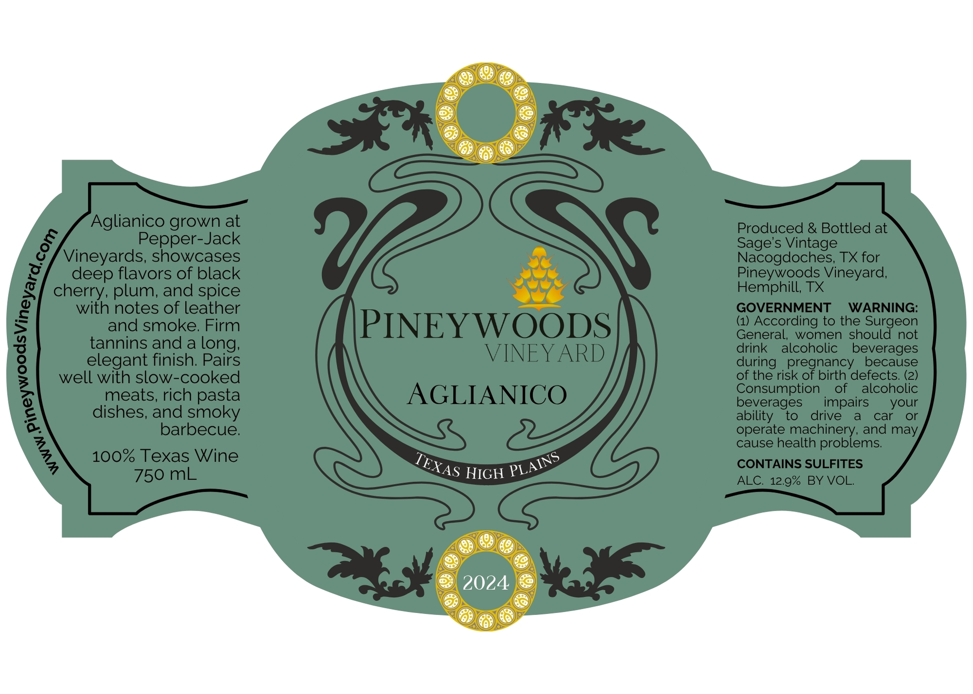 TABC label artwork for PINEYWOODS VINEYARD AGLIANICO