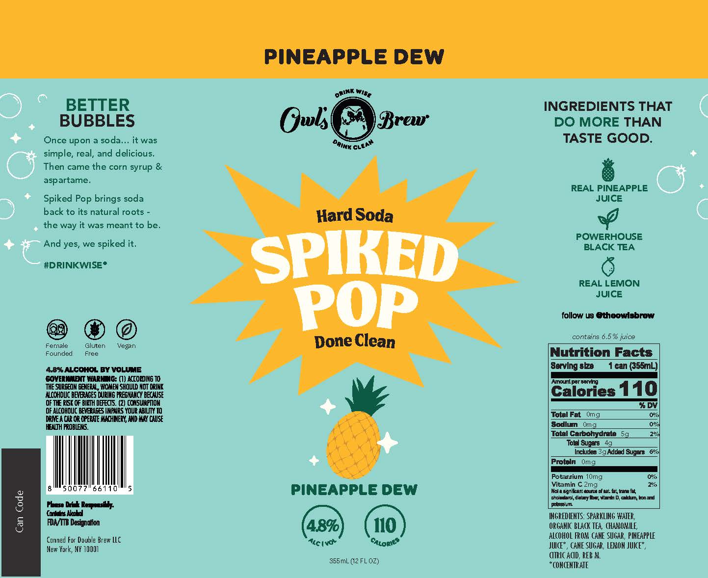 TABC label artwork for Owl's Brew Spiked Pop Pineapple Dew