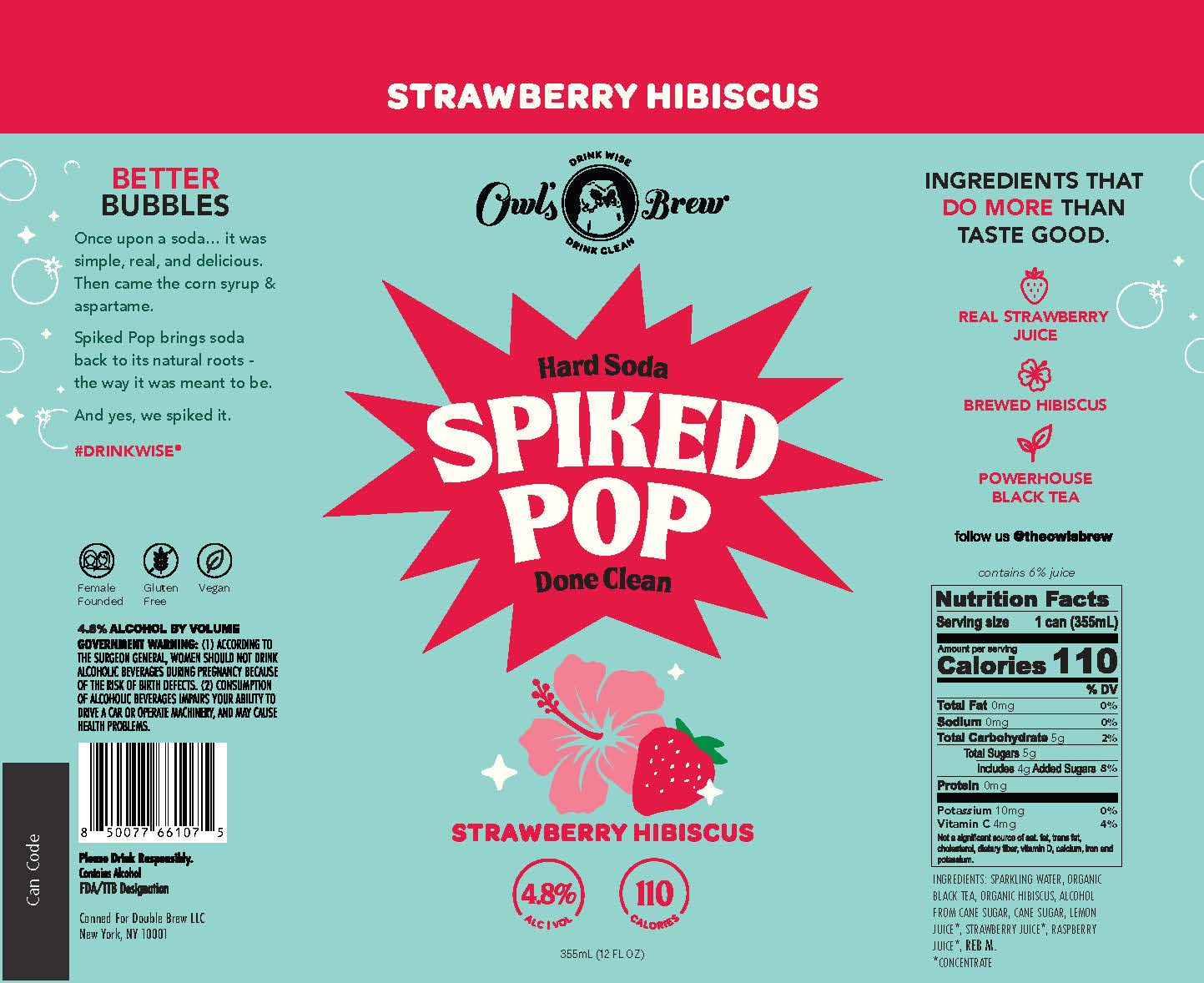 TABC label artwork for Owl's Brew Spiked Pop Strawberry Hibiscus