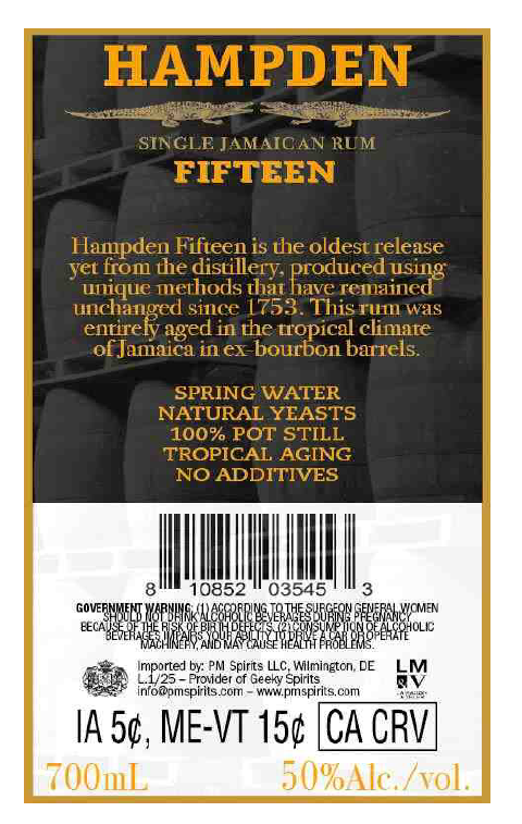 TABC label artwork for Hampden Estate 15 Year