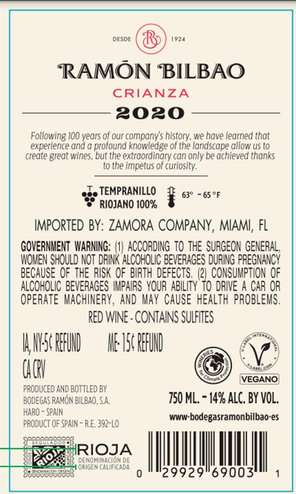 TABC label artwork for Ramon Bilbao 2020 Crianza Tempranillo