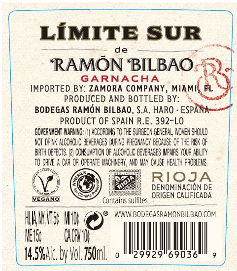 TABC label artwork for Ramon Bilbao Limite Sur Garnacha