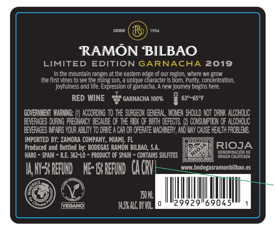 TABC label artwork for Ramon Bilbao Edicion Limitada 2019 Garnacha