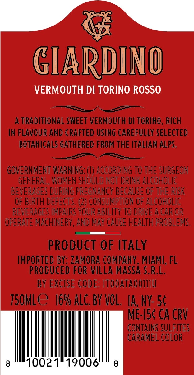 TABC label artwork for Giardino Vermouth Tradizionale Villa Massa