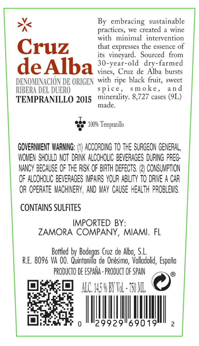 TABC label artwork for Cruz De Alba Tempranillo 2015