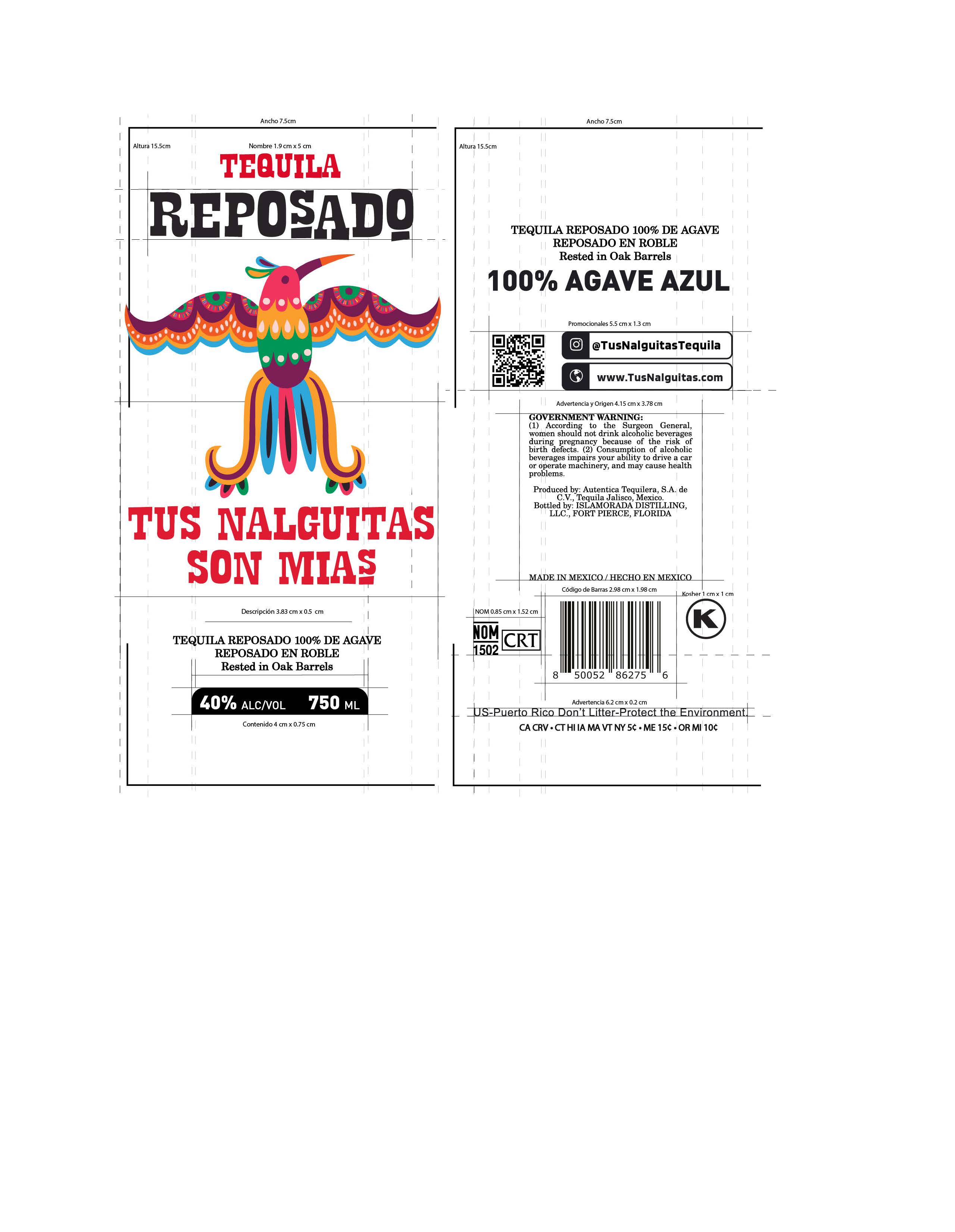 TABC label artwork for Tus Nalguitas Son Mias Reposado Tequila