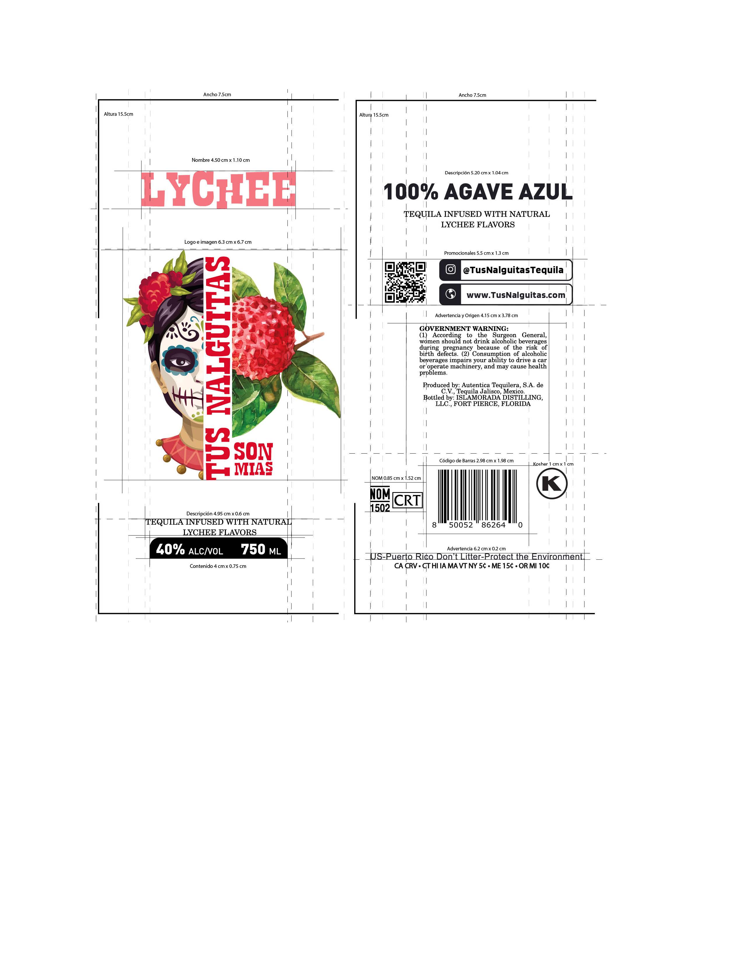 TABC label artwork for Tus Nalguitas Son Mias Lychee Tequila