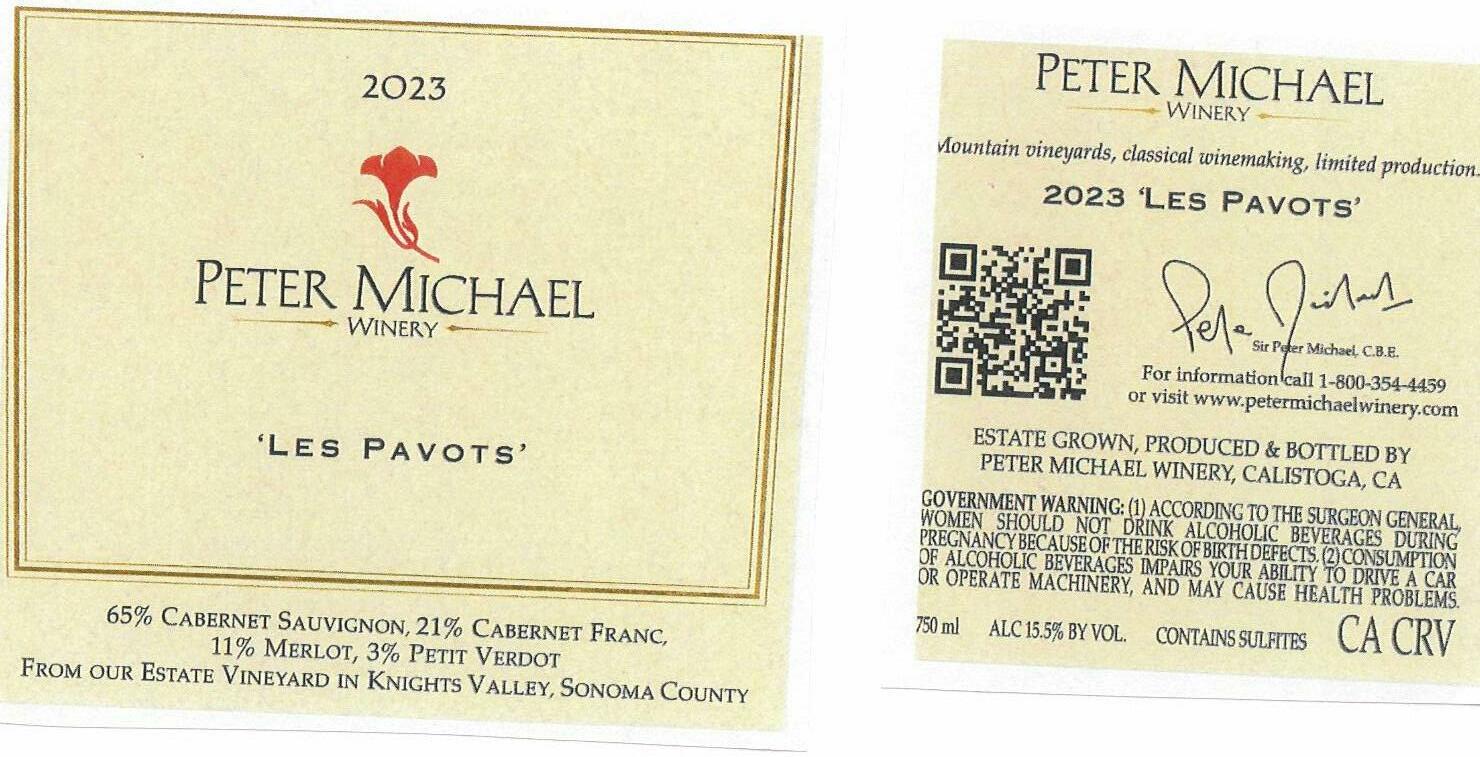 TABC label artwork for Peter Michael Winery Les Pavots Cabernet Sauvignon Blend Knights Valley