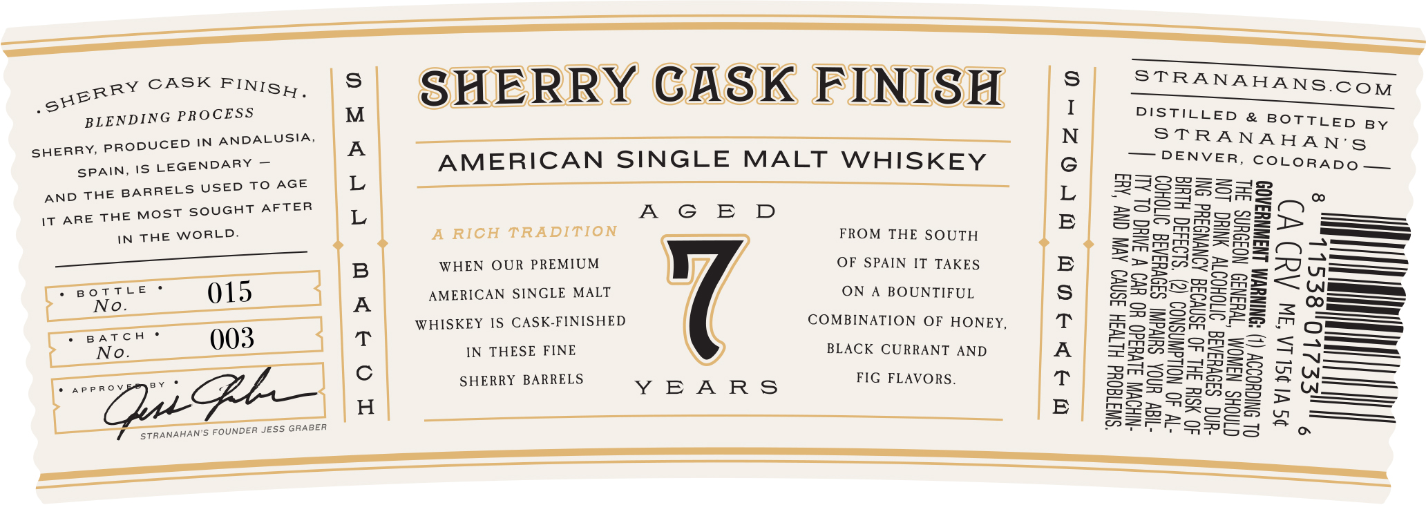 TABC label artwork for Stranahan's Sherry Cask Finish Aged 7 Years American Single Malt