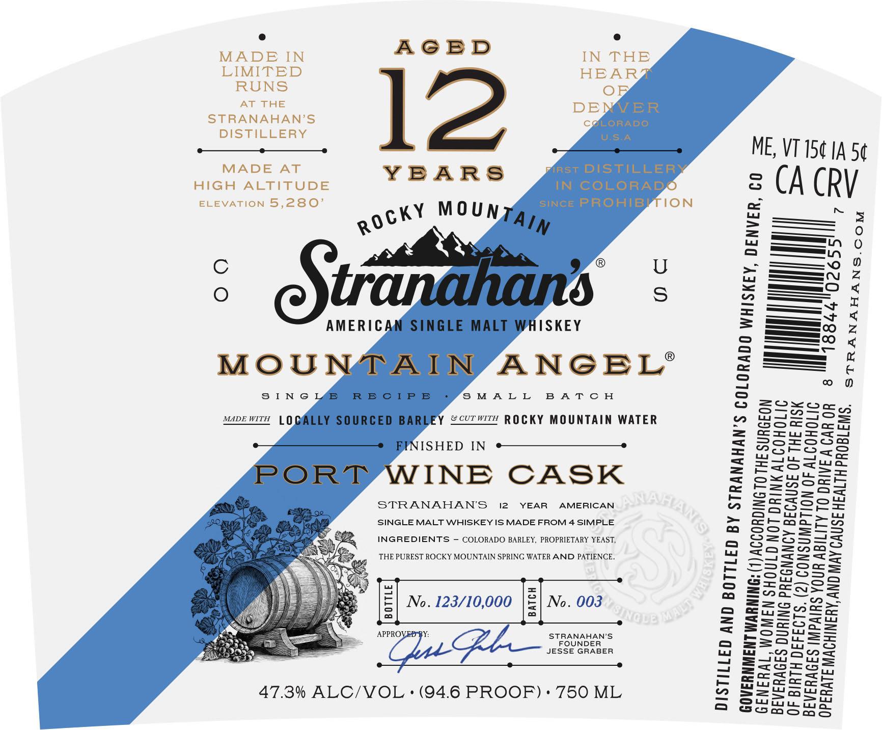TABC label artwork for Stranahan's Mountain Angel Aged 12 Years Port Wine Casks