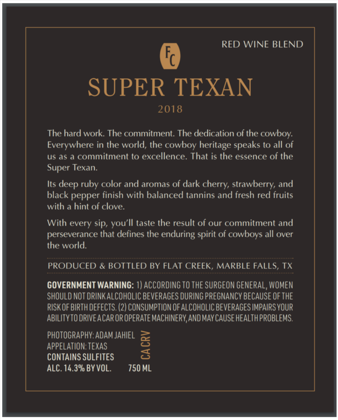 TABC label artwork for Flat Creek Estate Super Texan