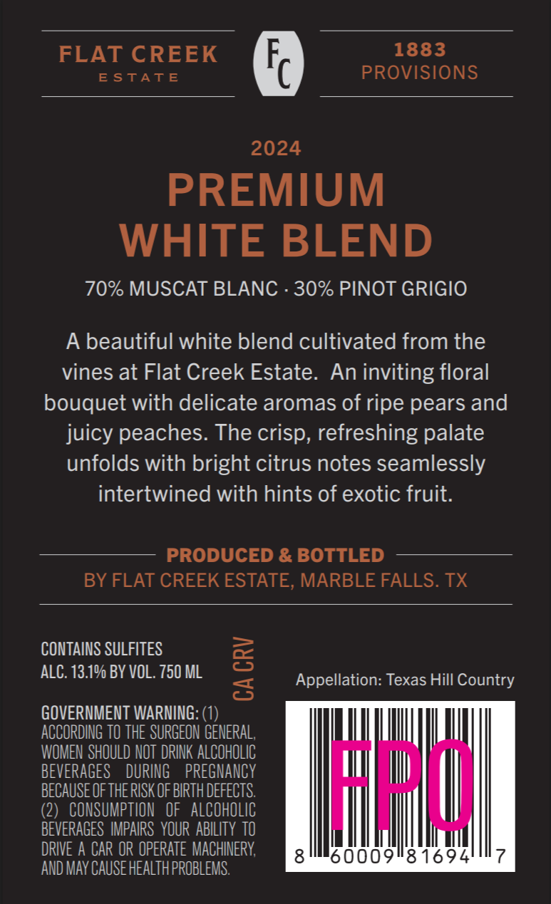 TABC label artwork for Flat Creek Estate 1883 Provision Co. Premium White Blend