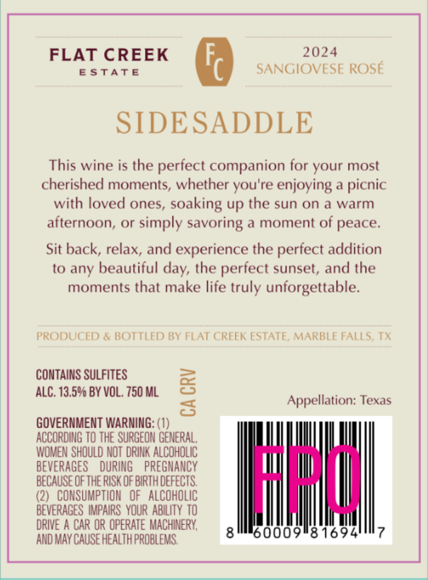TABC label artwork for Flat Creek Estate Sidesaddle Sangiovese Rose