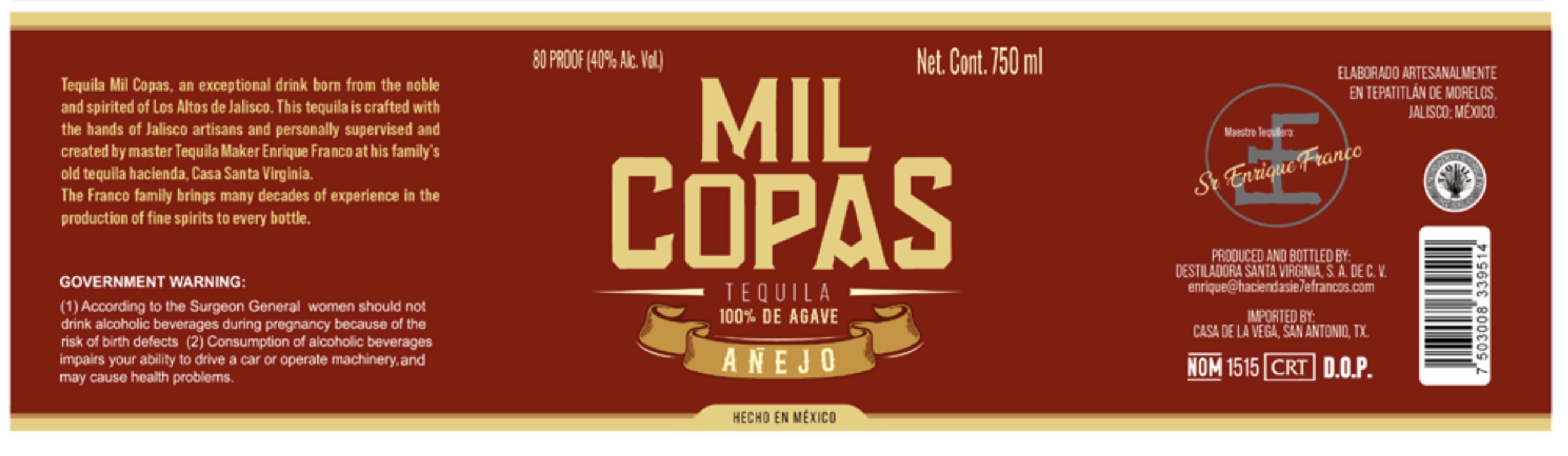 TABC label artwork for MIL COPAS AÑEJO