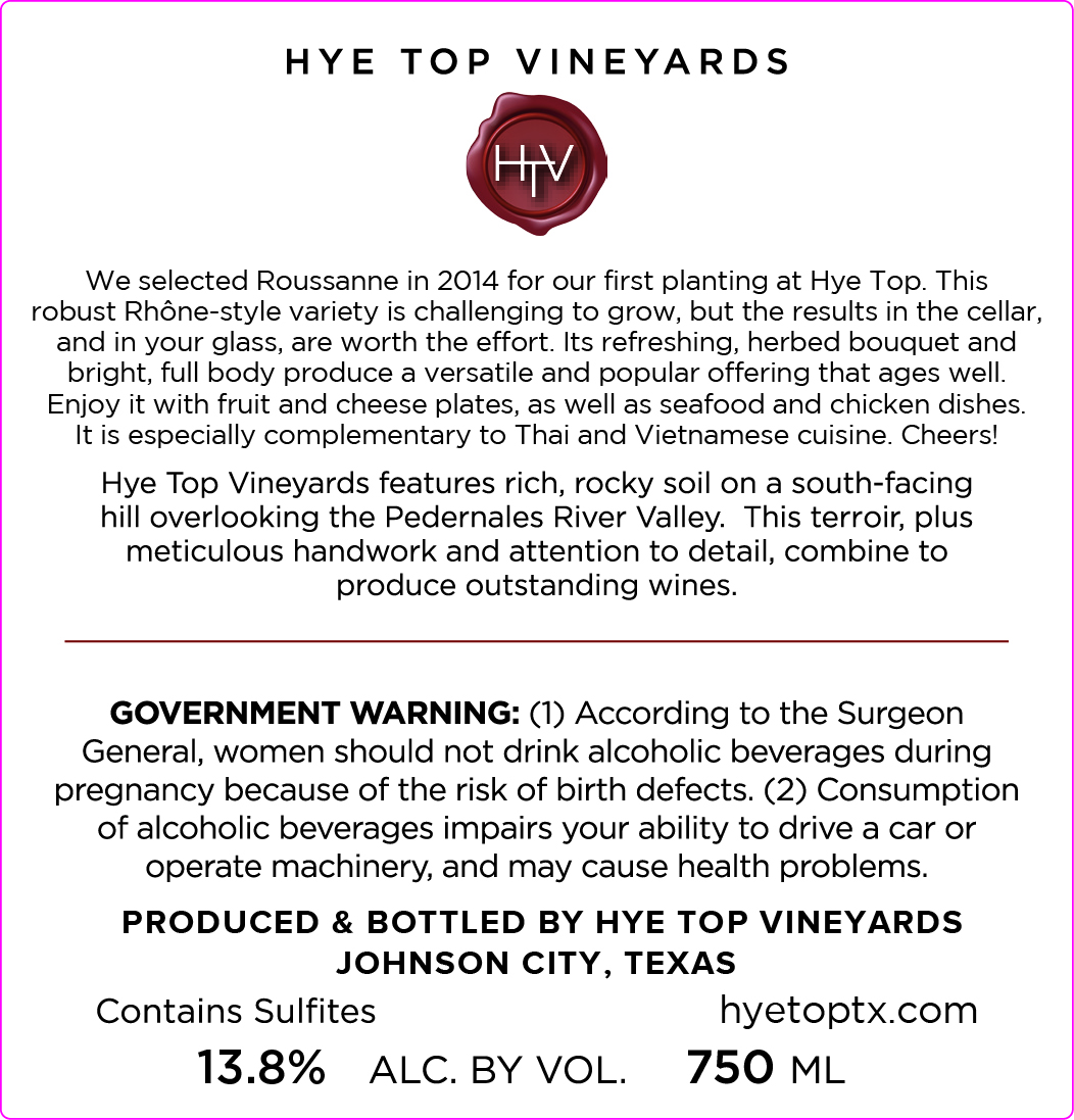 TABC label artwork for Hey Top Vineyards Roussanne