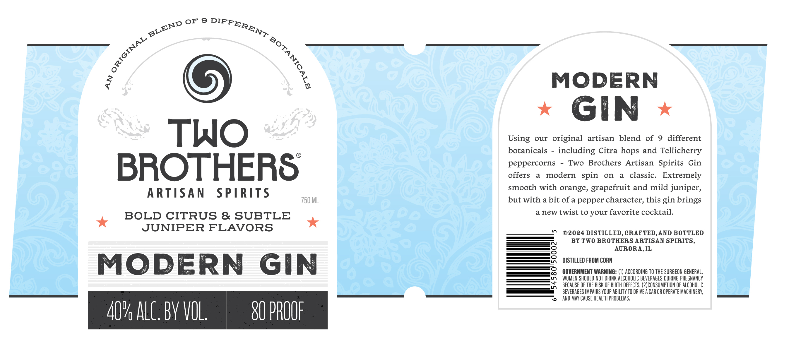 TABC label artwork for Two Brothers Artisan Spirits Modern Gin