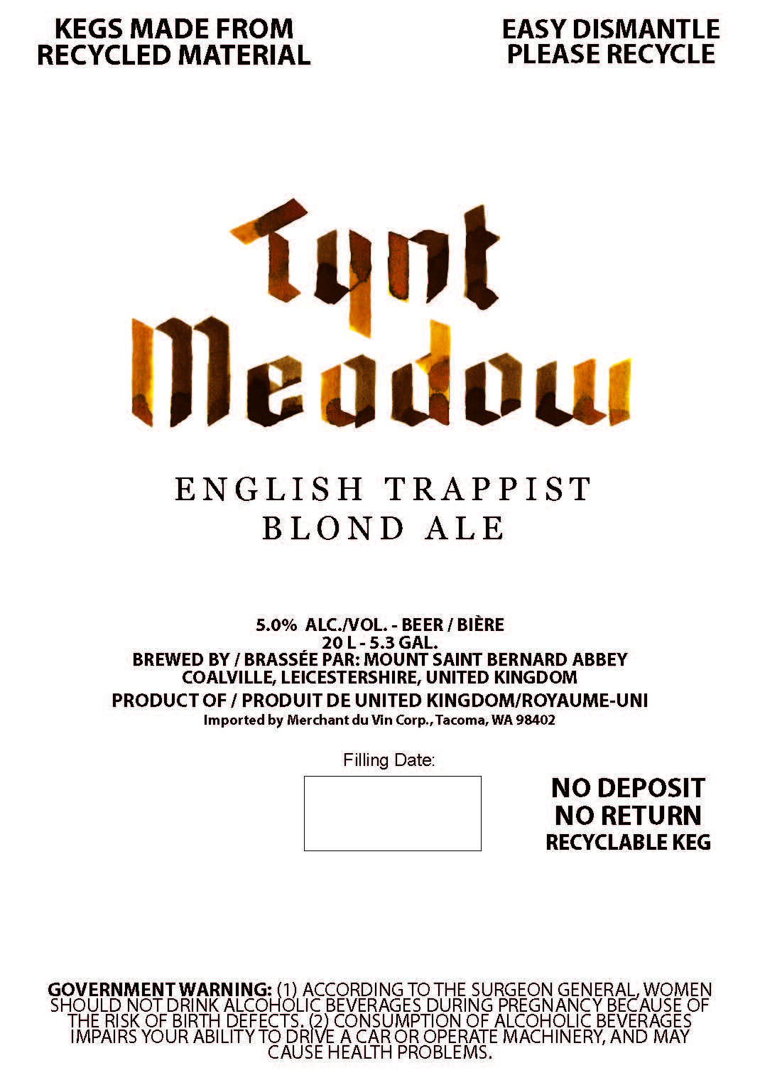 TABC label artwork for Tynt Meadow English Trappist Blond Ale