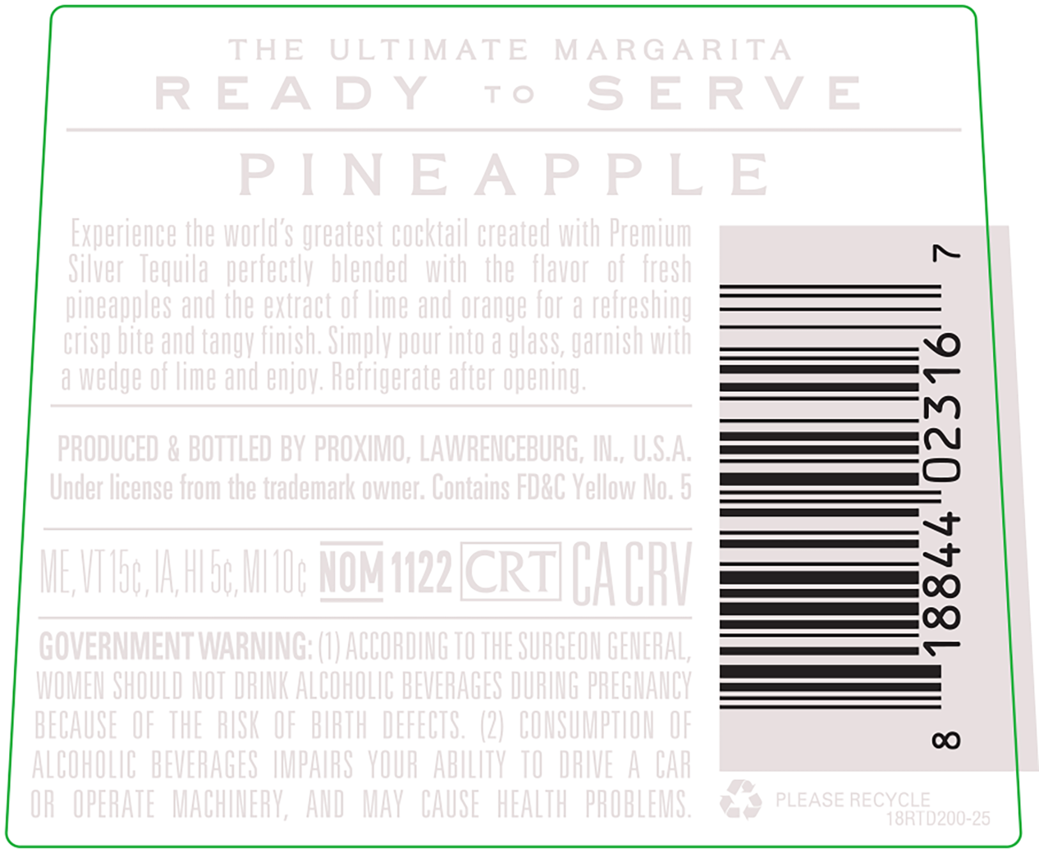 TABC label artwork for 1800 The Ultimate Margarita Pineapple