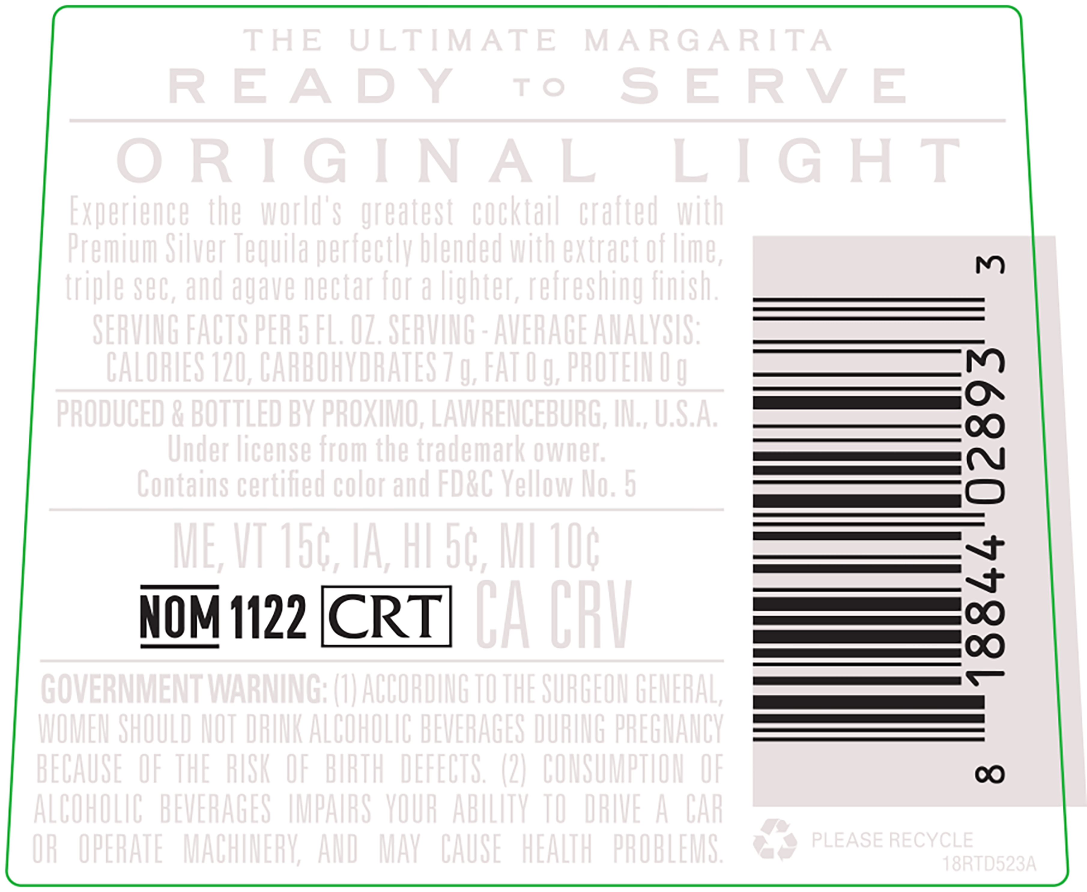 TABC label artwork for 1800 The Ultimate Margarita Light Original