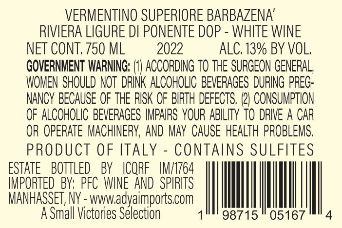 TABC label artwork for Fontanacota, Barbazena, Vermentino Superiore, Riviera Ligure di Ponente