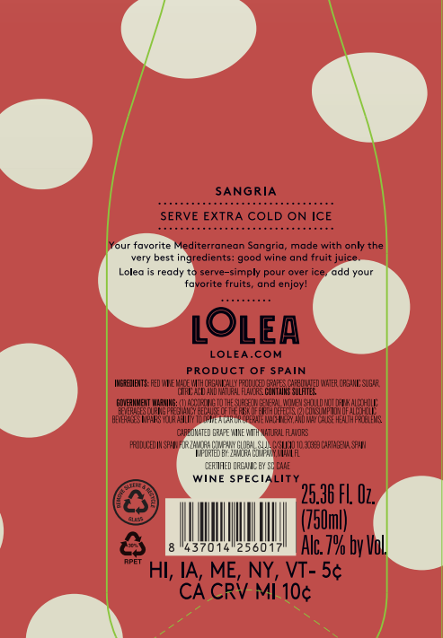 TABC label artwork for Lolea Bubbly Red Sangria