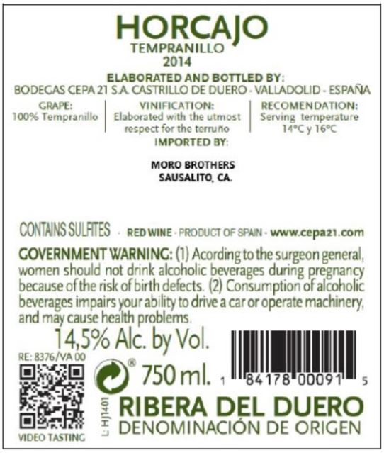 TABC label artwork for CEPA 21 HORCAJO Tempranillo RIBERA DEL DUERO