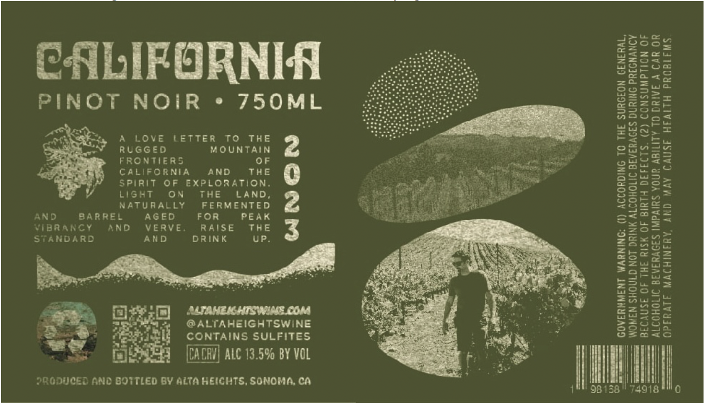 TABC label artwork for Alta Heights Pinot Noir