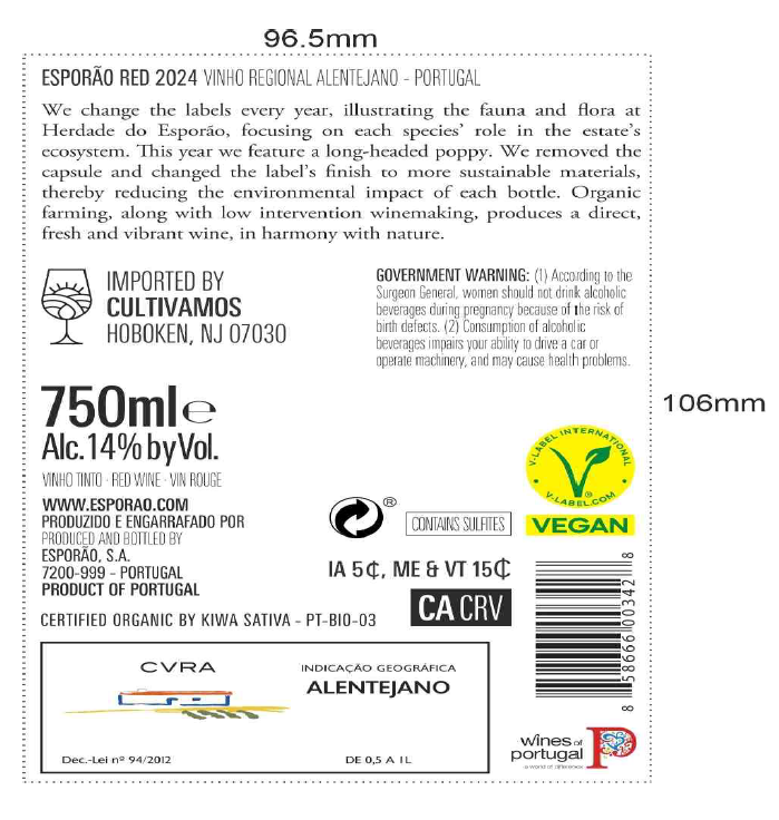 TABC label artwork for Esporao Bio Series Red