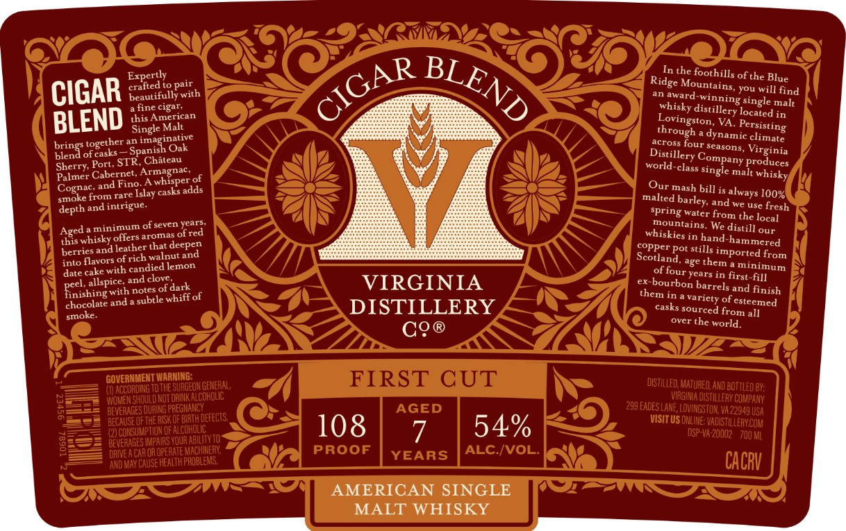 TABC label artwork for Virginia Distillery Co. American Single Malt Whisky Cigar Blend