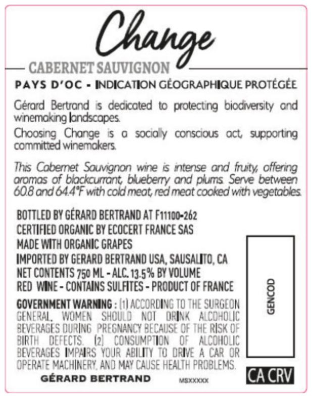 TABC label artwork for Gerard Bertrand Change Cabernet Sauvignon Pays D'oc