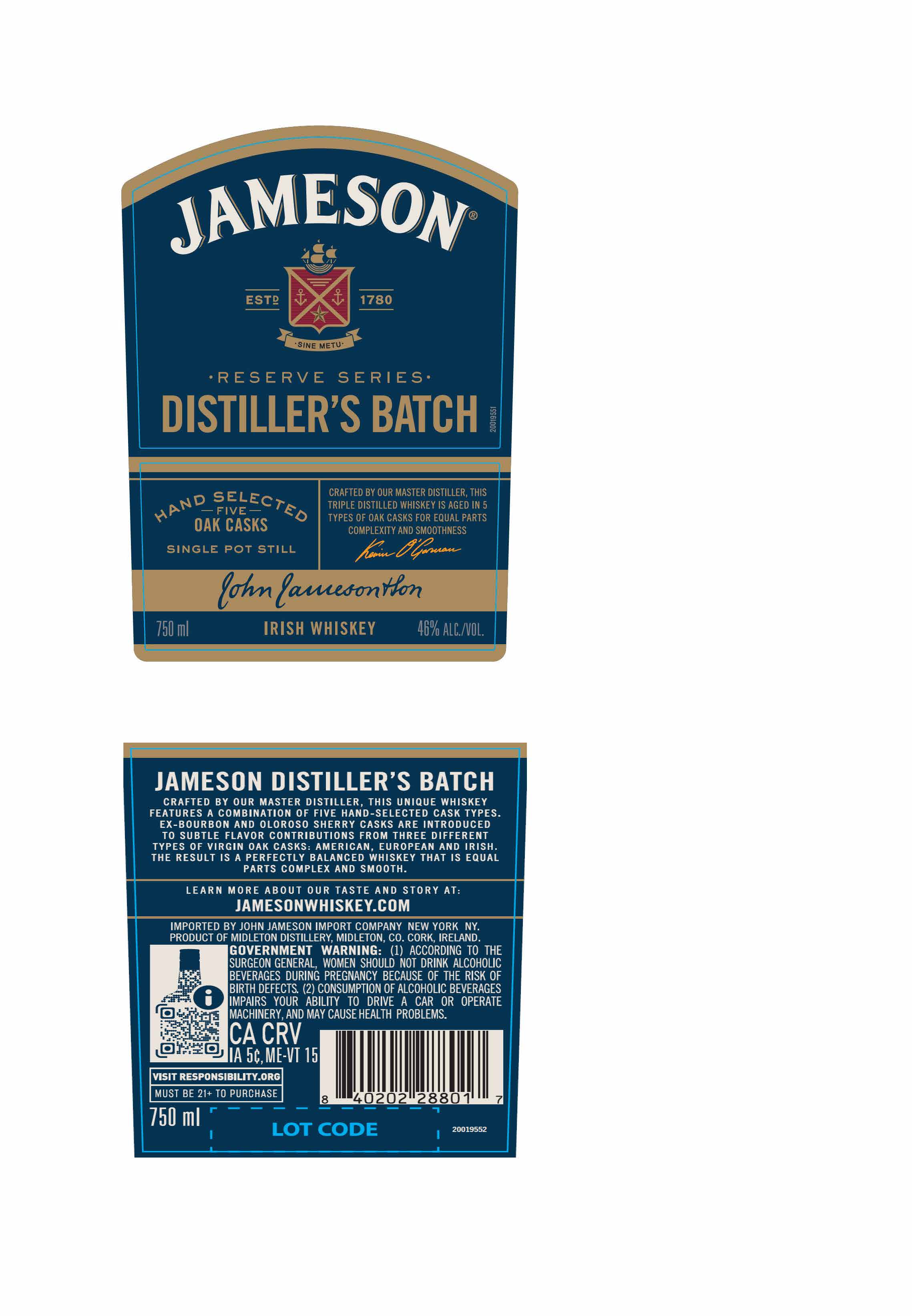 TABC label artwork for Jameson Distiller's Batch Reserve Series