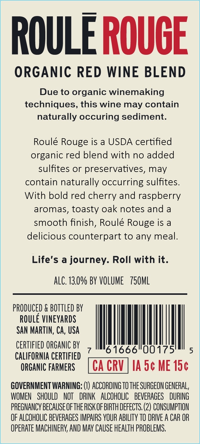 TABC label artwork for Roule Rouge Organic Red Wine, California (338-24)