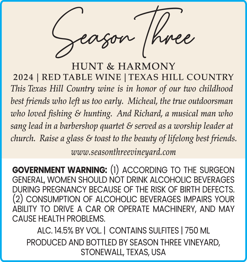 TABC label artwork for Hunt & Harmony