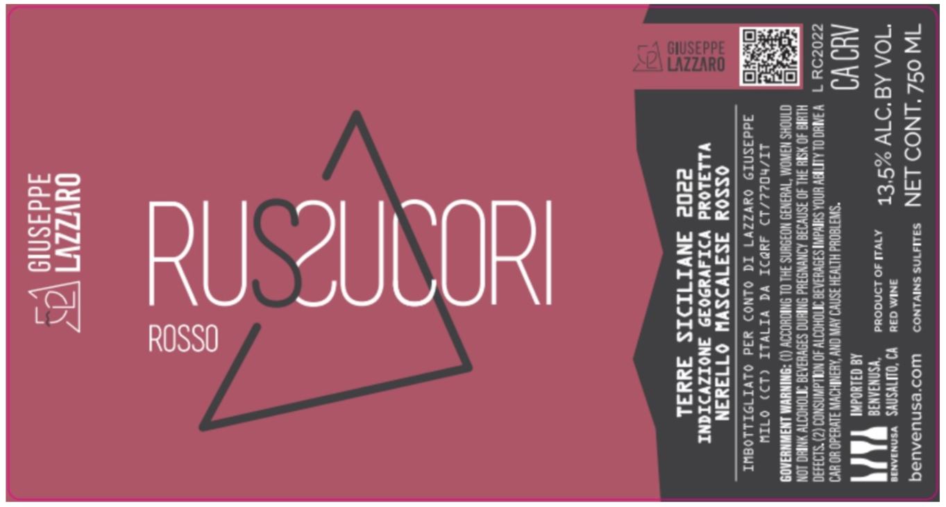 TABC label artwork for GIUSEPPE LAZZARO RUSSUCORI ROSSO Nerello Mascalese TERRE SICILIANE