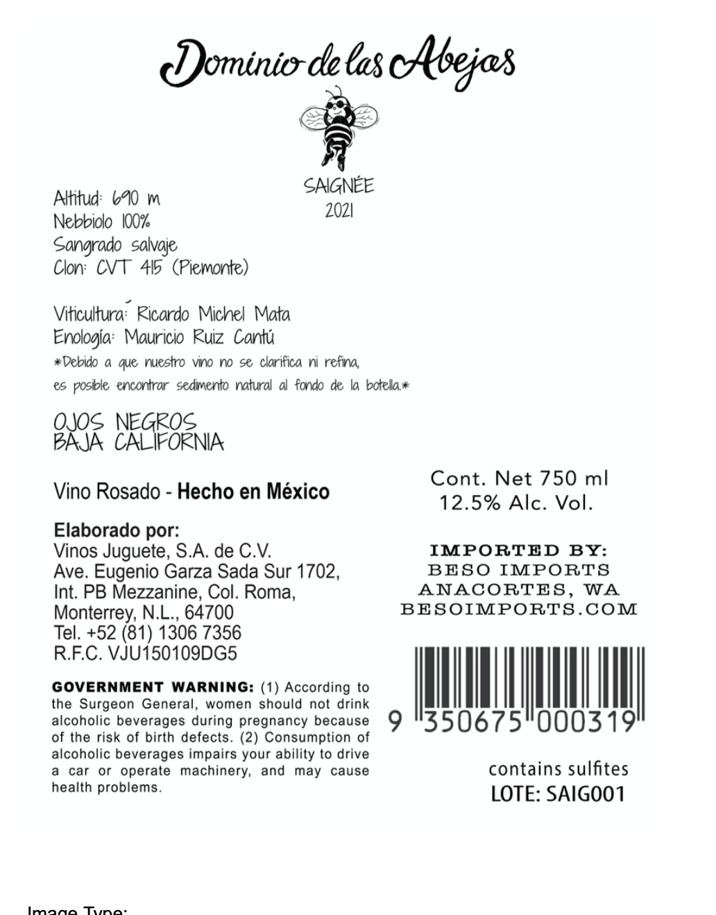 TABC label artwork for Dominio de las Abejas Saignee