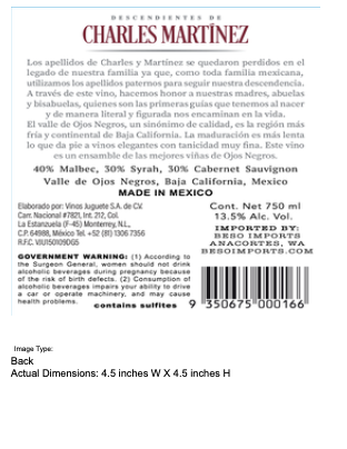 TABC label artwork for Charles Martinez Valle de Ojos Negro