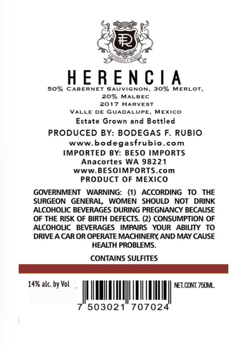 TABC label artwork for Rubio Herencia Tinto