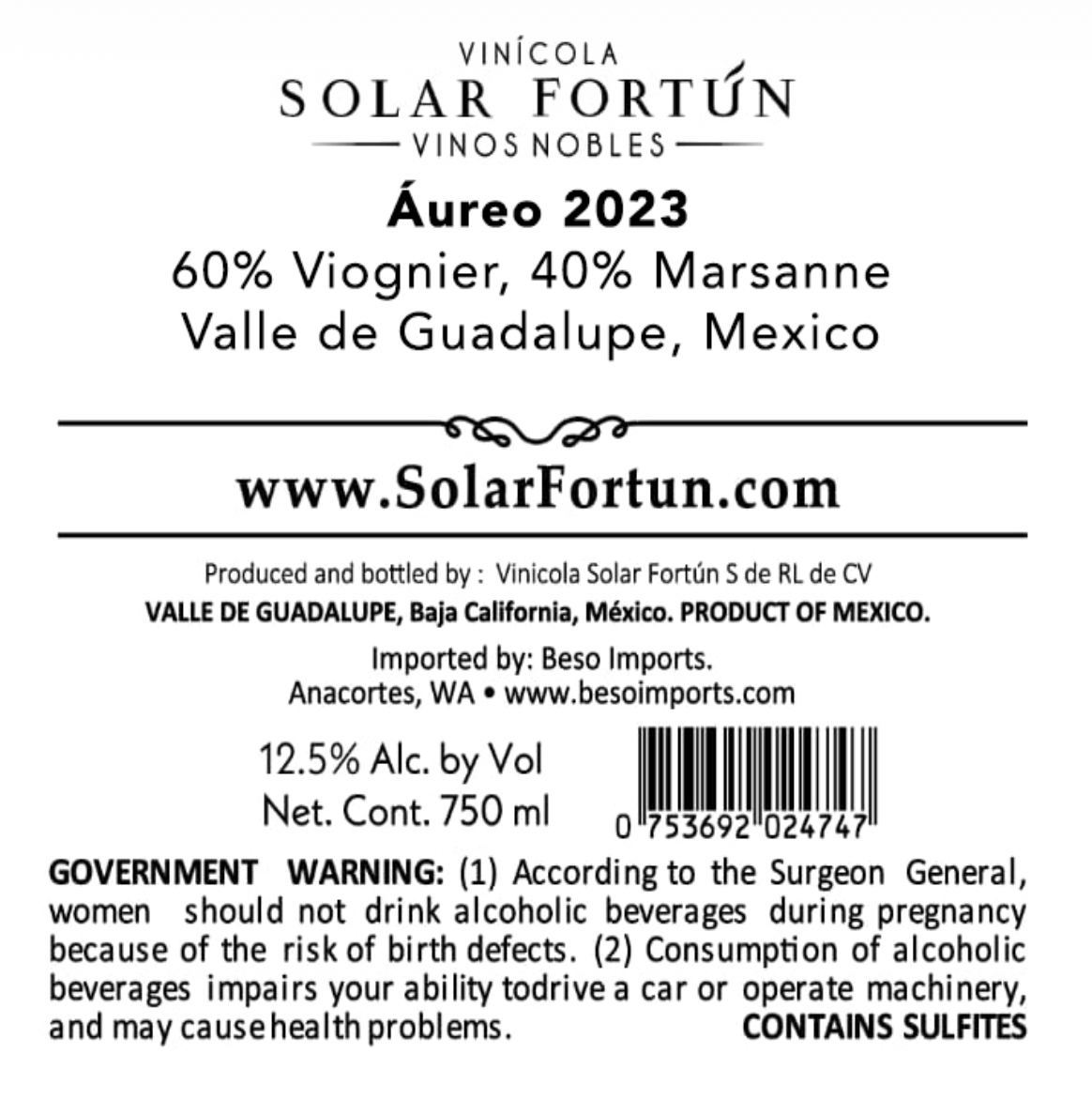 TABC label artwork for Solar Fortun Aureo