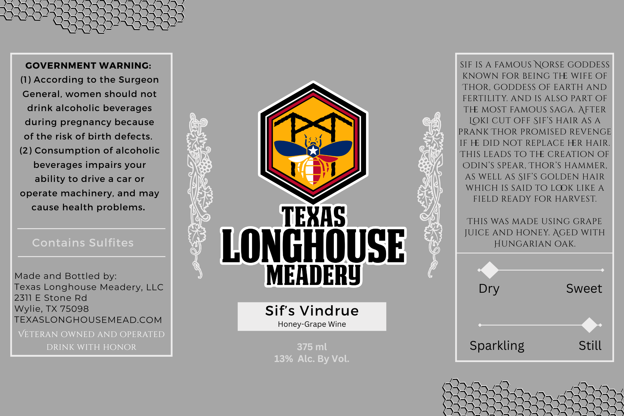 TABC label artwork for Texas Longhouse Meadery Sif's Vindrue Viognier