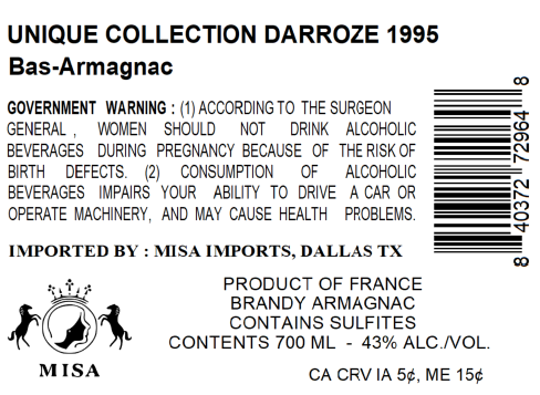 TABC label artwork for UNIQUE COLLECTION DARROZE BAS ARMAGNAC